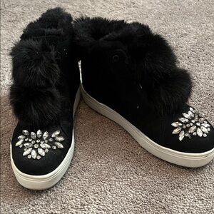 Sam Edelman Black Fur-Trimmed Sneakers with Embellishments